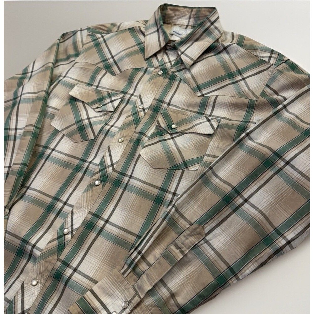Wrangler Rodeo Wrancher Tan Green Plaid Shirt Pearl Snaps Long Sleeves Cotton L - Picture 1 of 7